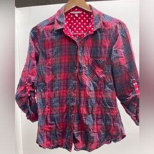 Victoria's Secret Pink and Blue Plaid Button-Up Shirt with Polka Dot Trim
